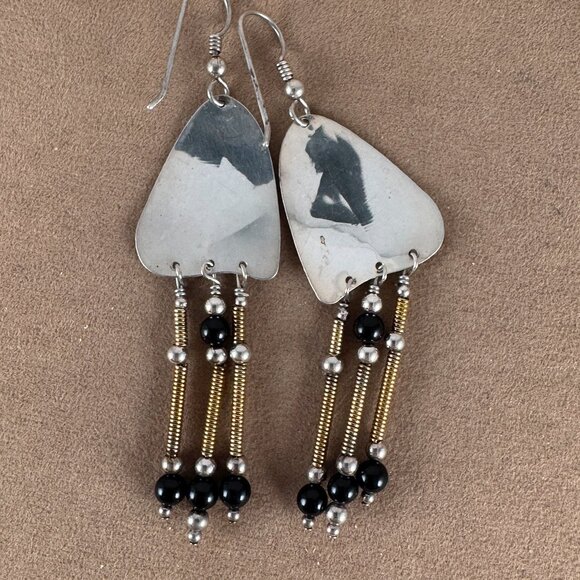 Vintage Disco Mod Earrings Sterling Silver Black Onyx with Gold Tone Coiled Wire - Picture 4 of 5